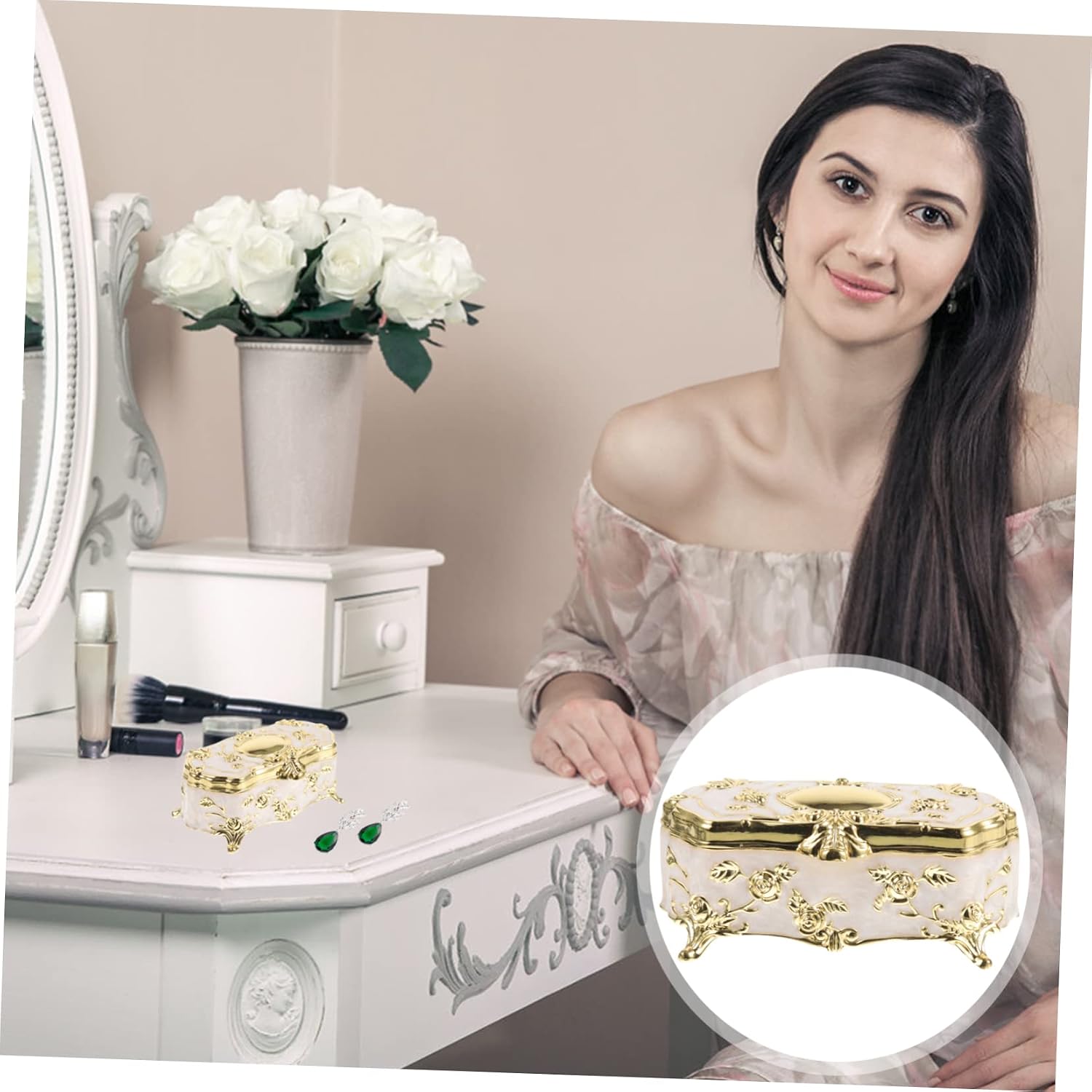 Vintage Jewelry Storage Box Large Gold Jewelry Organizer Earrings Ring Case