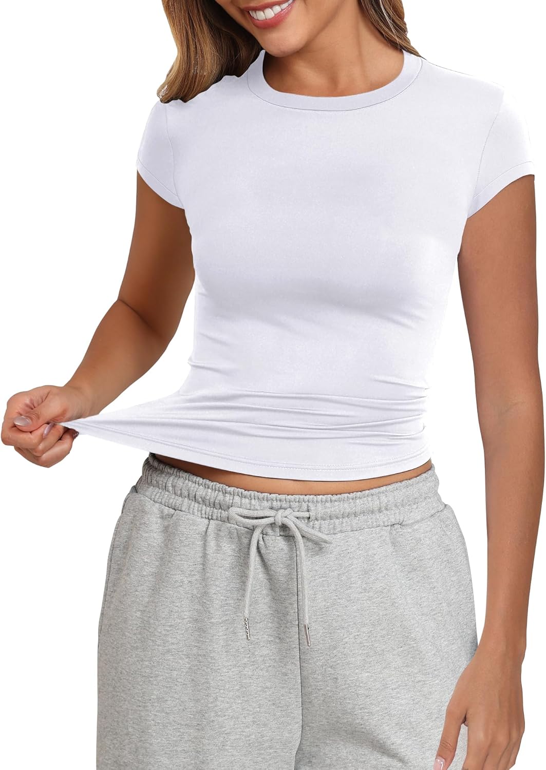 PALINDA Women's Short Sleeve Crew Neck Fitted Shirts Basic Casual Stretchy T Shirt Workout Tops