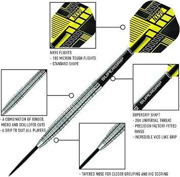 Harrows NX90 Tapered 90% Tungsten Steel Tip Darts Set, Professional Darts - Includes Black Supergrip Midi Shafts