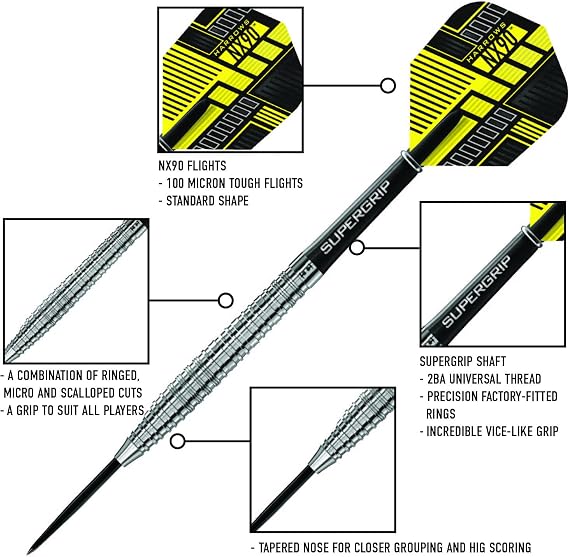 Harrows NX90 Tapered 90% Tungsten Steel Tip Darts Set, Professional Darts - Includes Black Supergrip Midi Shafts