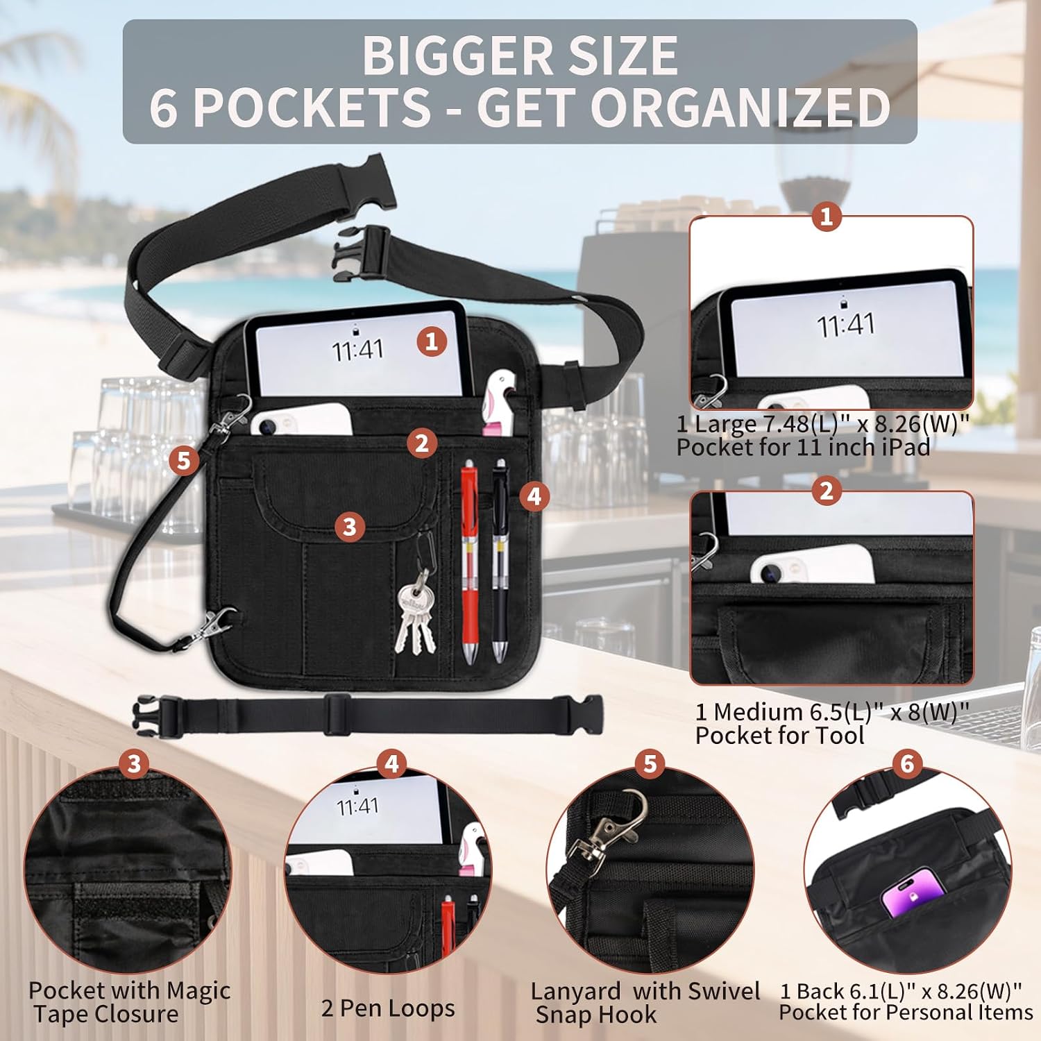 Server Apron with 26.4-61Inch Adjustale Strap,Restaurant Waitress Accessories Bag with Pockets for Hotel Bar(Inc Strap Extensions)
