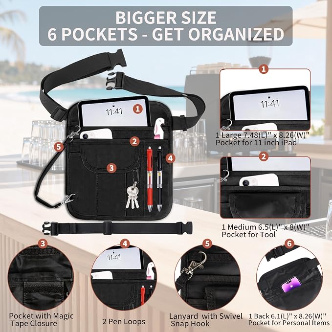 Delantal de camarero ajustable con bolsas y correas extensibles miniatura 3