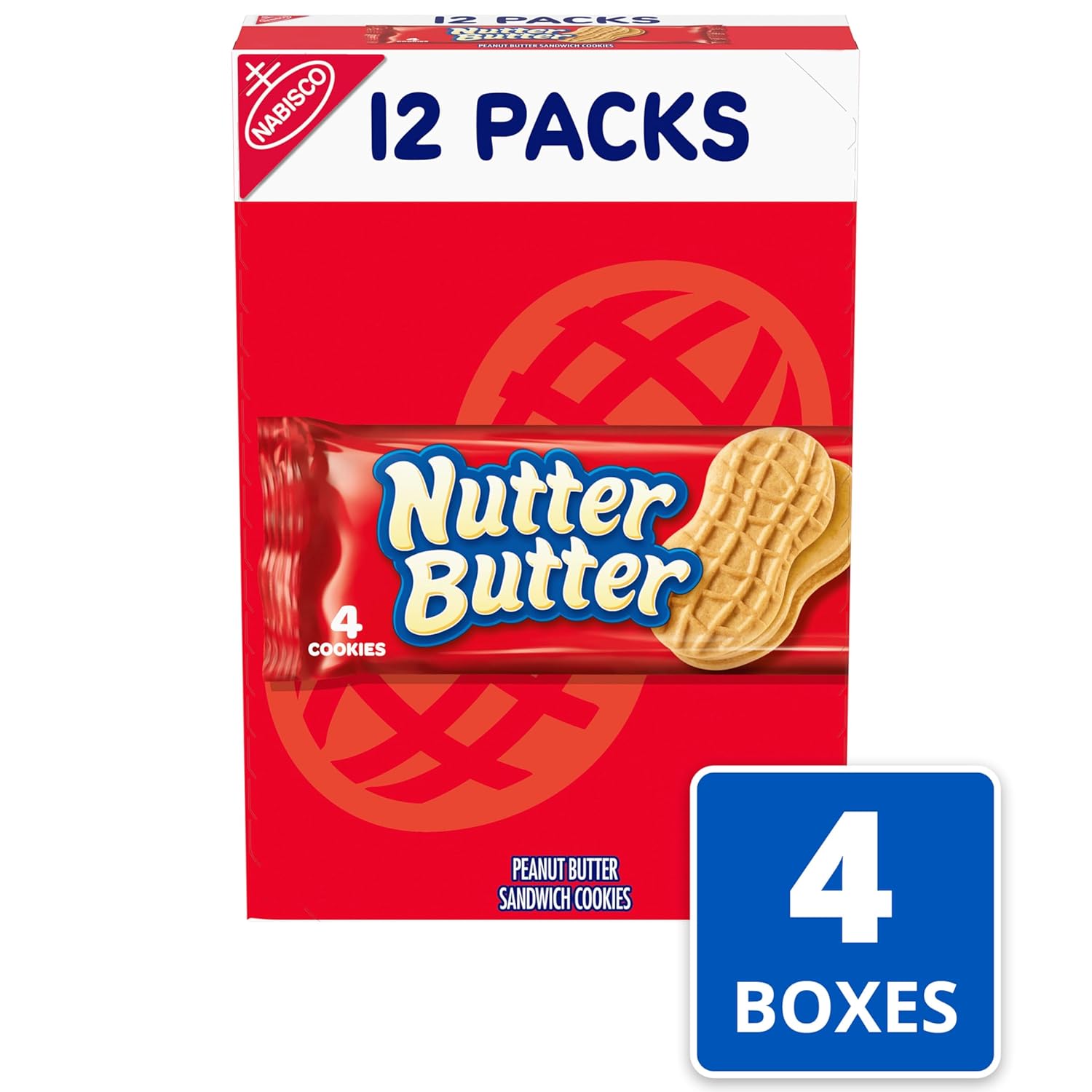 Nutter Butter Peanut Butter Sandwich Cookies, 48 Snack Packs (4 Cookies Per Pack, 4 Boxes)