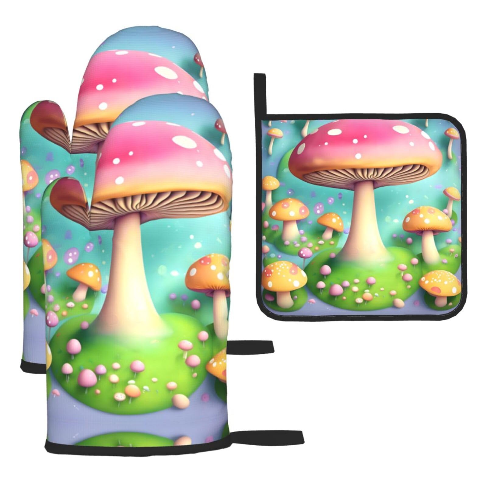 Wonderful little mushrooms Oven mittens and oven mitts three-piece set suitable for oven, grilling, baking, microwave and home cooking.