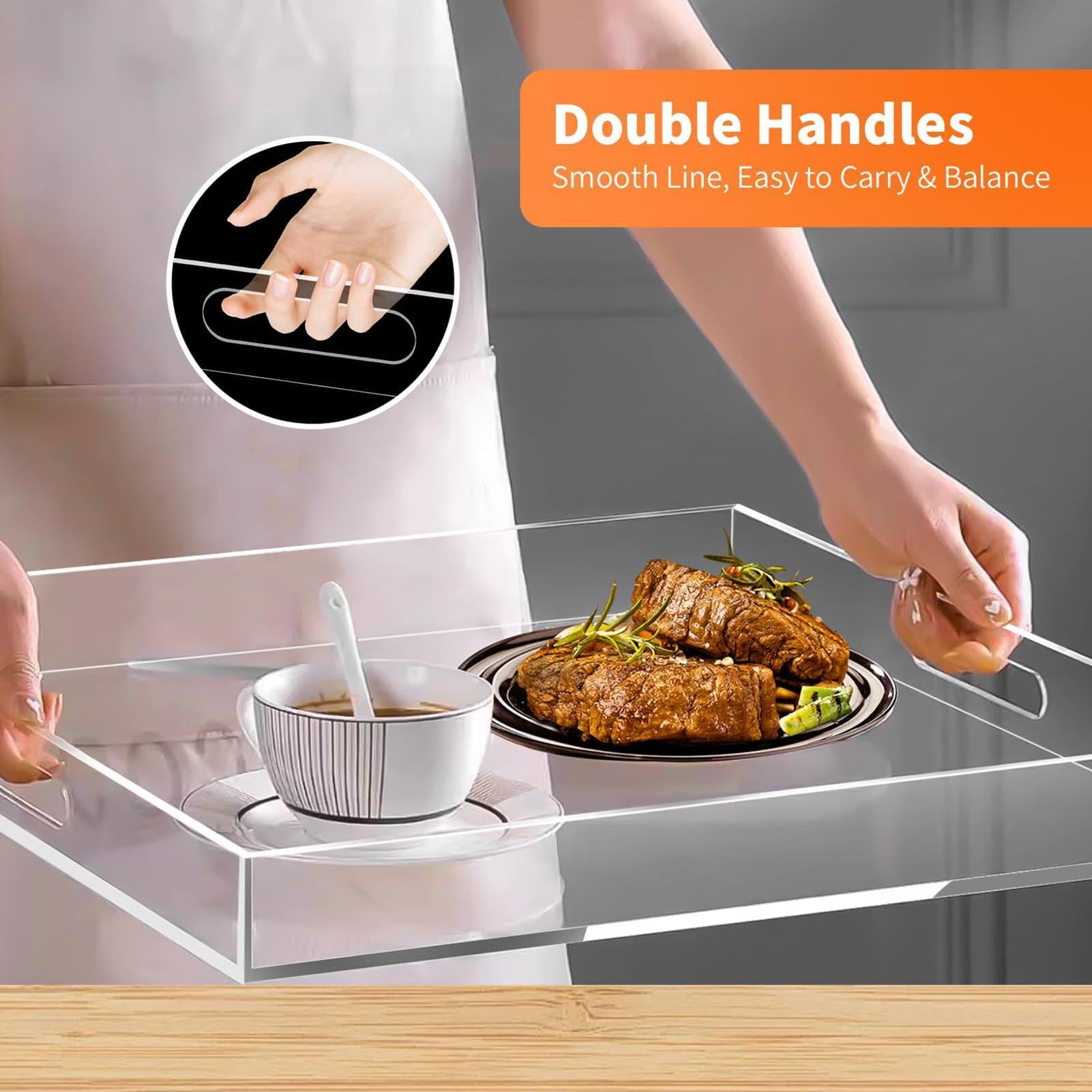 Bandejas de acrílico para exhibición 2 Piezas con Asas Decorativas | Bandeja de Servicio Antideslizante de Acrílico Para baño, cocina, cafetería, comedor, postres