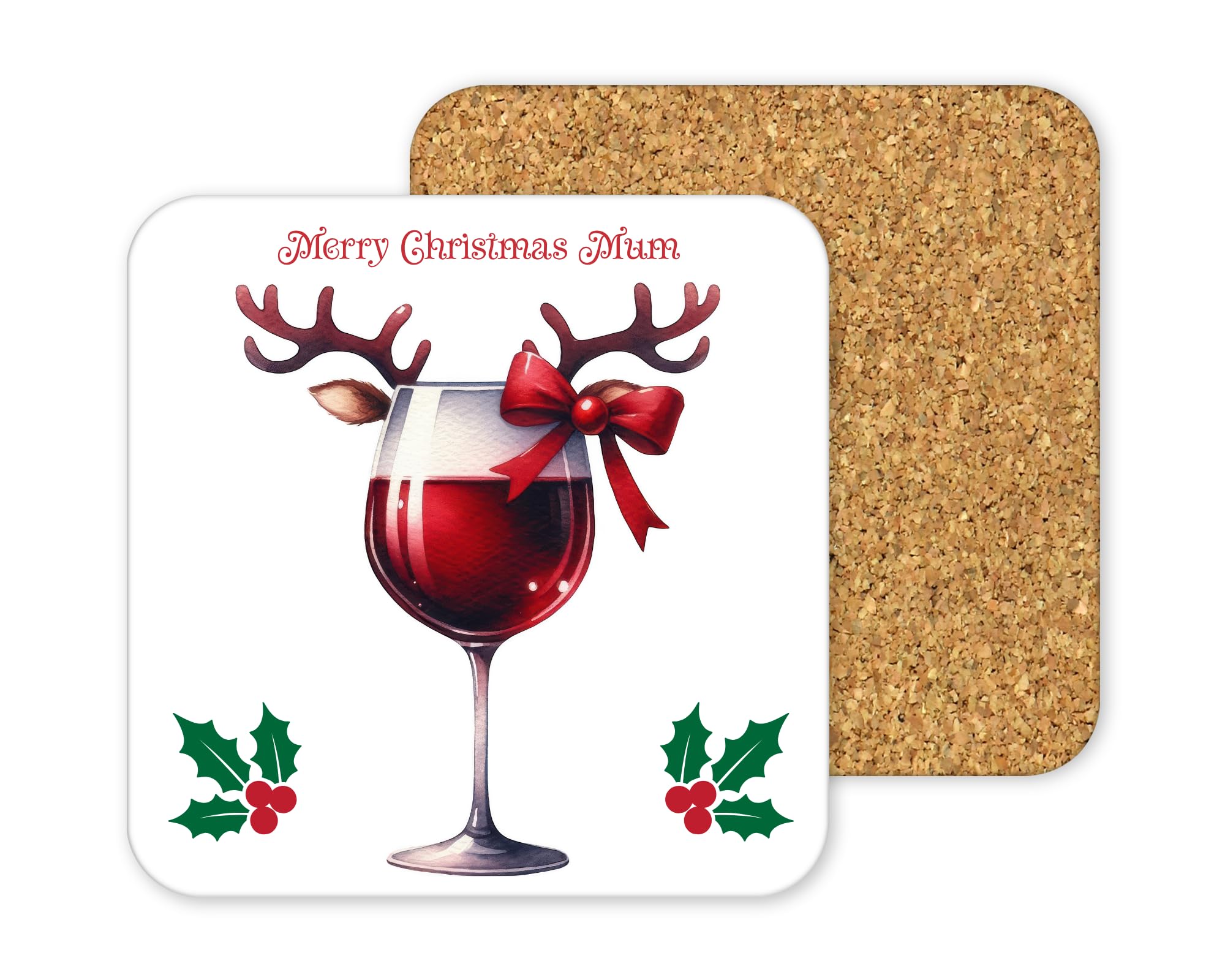 Personalised Cork-Backed Drinks Coaster, Square 9.6cm Drink Mat, Customisable Design for Christmas, Special Occasion Gifts, White Surface with Protective Base (Christmas Red Wine)
