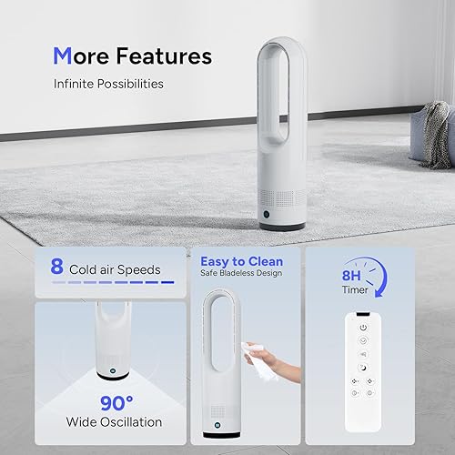 Miniatura 6 de Ventilador sin aspas, ventilador de torre de enfriamiento de 22 pulgadas oscilante de 80 con control remoto, temporizador de 9H, 8 velocidades,