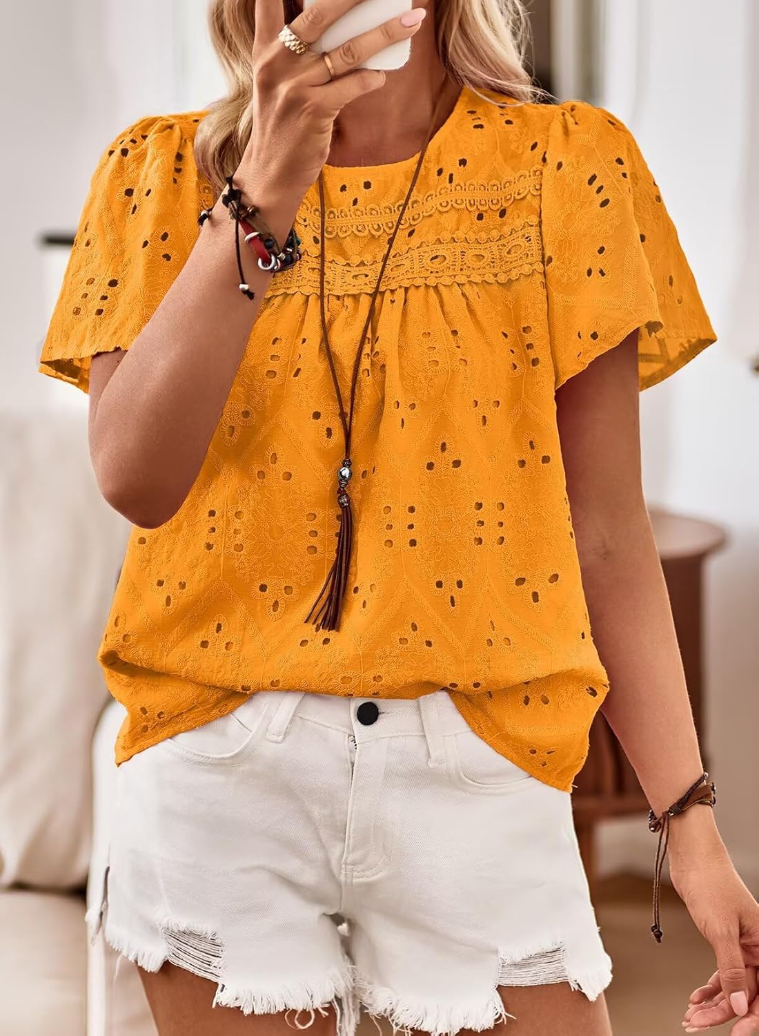 Womens Summer Tops Boho Short Sleeve Crew Neck Blouses for Women Dressy Casual Babydoll Cute Flowy Preppy Shirts - Image 4