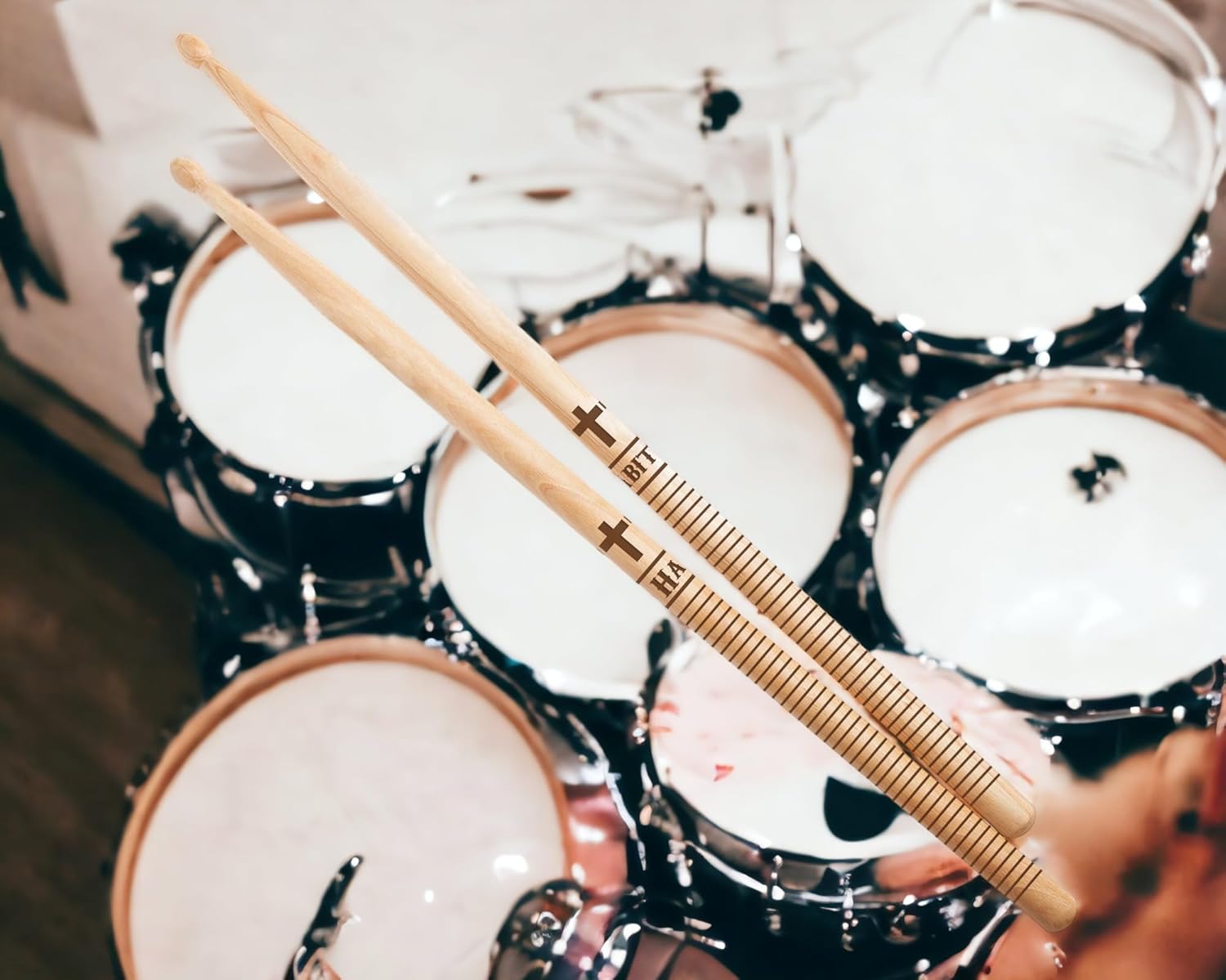 Vital Signs Personalized Engraved 5A Drumsticks – Hickory Wood Tip Customized Drumsticks for Drums with Name or Text – 1 Pair Wooden Drums sticks Gift for Musicians, Drummers, Bands (Christian Cross)