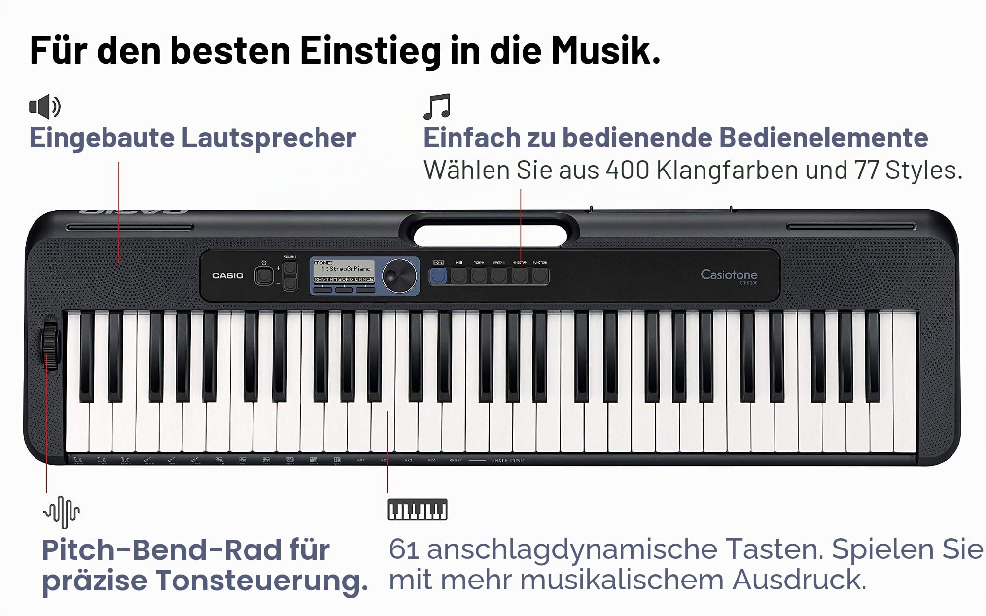 Casio CT-S300AD 61 berührungsempfindliche Tasten, Pitch-Bend Wheel tragbare elektronische Tastatur in Schwarz mit AC-Adapter im Lieferumfang enthalten
