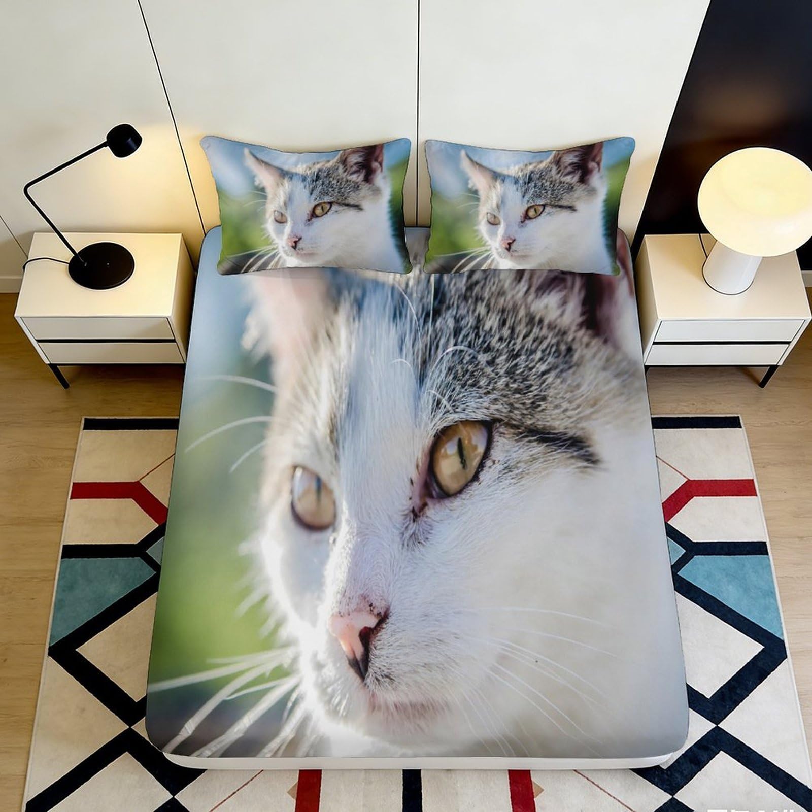 3D Printed Cat Portrait Fitted Sheet Microfiber Soft Breathable Tabby Face Mattress Cover for Bedroom Decor 90x200x25cm