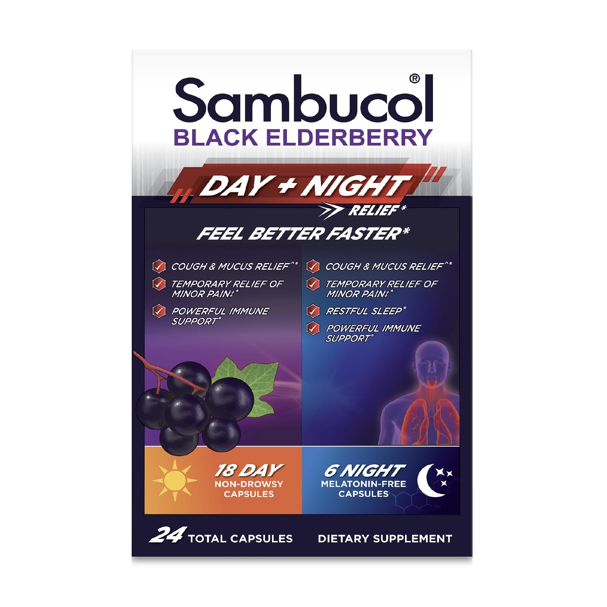 Sambucol Black Elderberry Day & Night Relief, Non-Drowsy, 24 Capsules