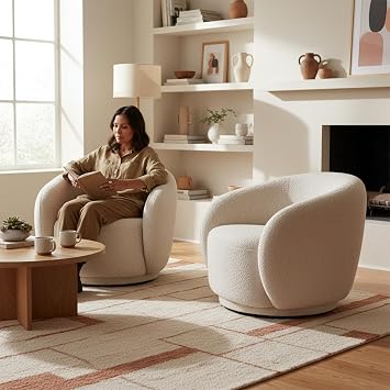 Curved Swivel Barrel Chair Set of 2, 33", Upholstered, Boucle, Round, Beige