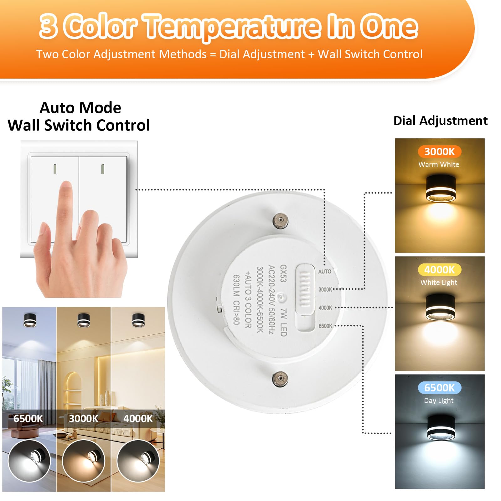Foco de Techo Negro, Focos techo Superficie, Focos LED Interior Techo 6W GX53 3CCT 3000K Cálido/ 4000K Natural/ 6500K Frio, Aplique Techo Aluminio Redonda para Baño, 4 Pcs