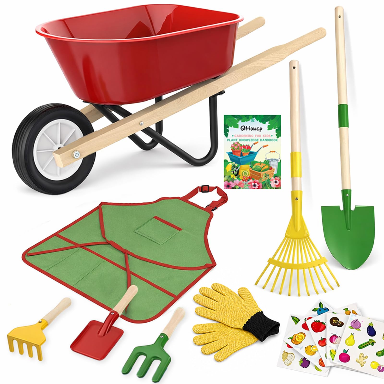 Qtioucp Kids Gardening Wheelbarrow Set, Metal &amp; Wooden Garden Tools for Kids Ages 3-8, Real Wheelbarrows with Apron, Gloves &amp; STEM Guide, Outdoor Backyard Garden Toy Gift