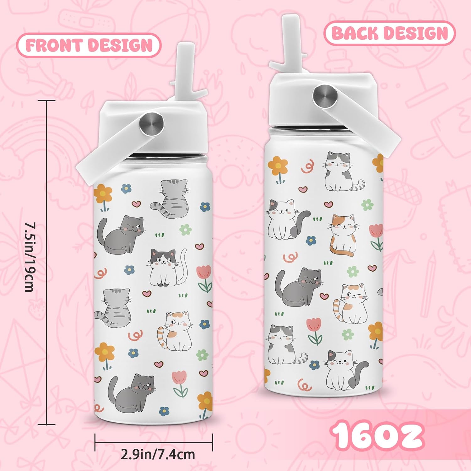 Cat Gifts for Kids, 16oz Cat Water Bottle with Straw Lid, Stainless Steel Insulated Tumbler for Girls, Cats Lovers Present for Kids Teen Girls Boys Women - Image 3