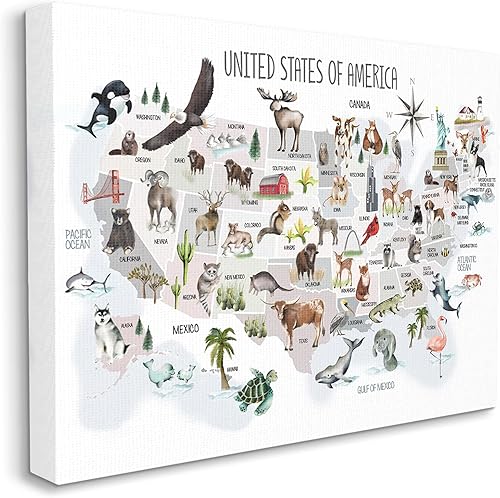 Stupell Industries Ilustración infantil con mapa de animales de Estados Unidos de América, diseñada por Studio Q, lienzo para pared, 30 x 40