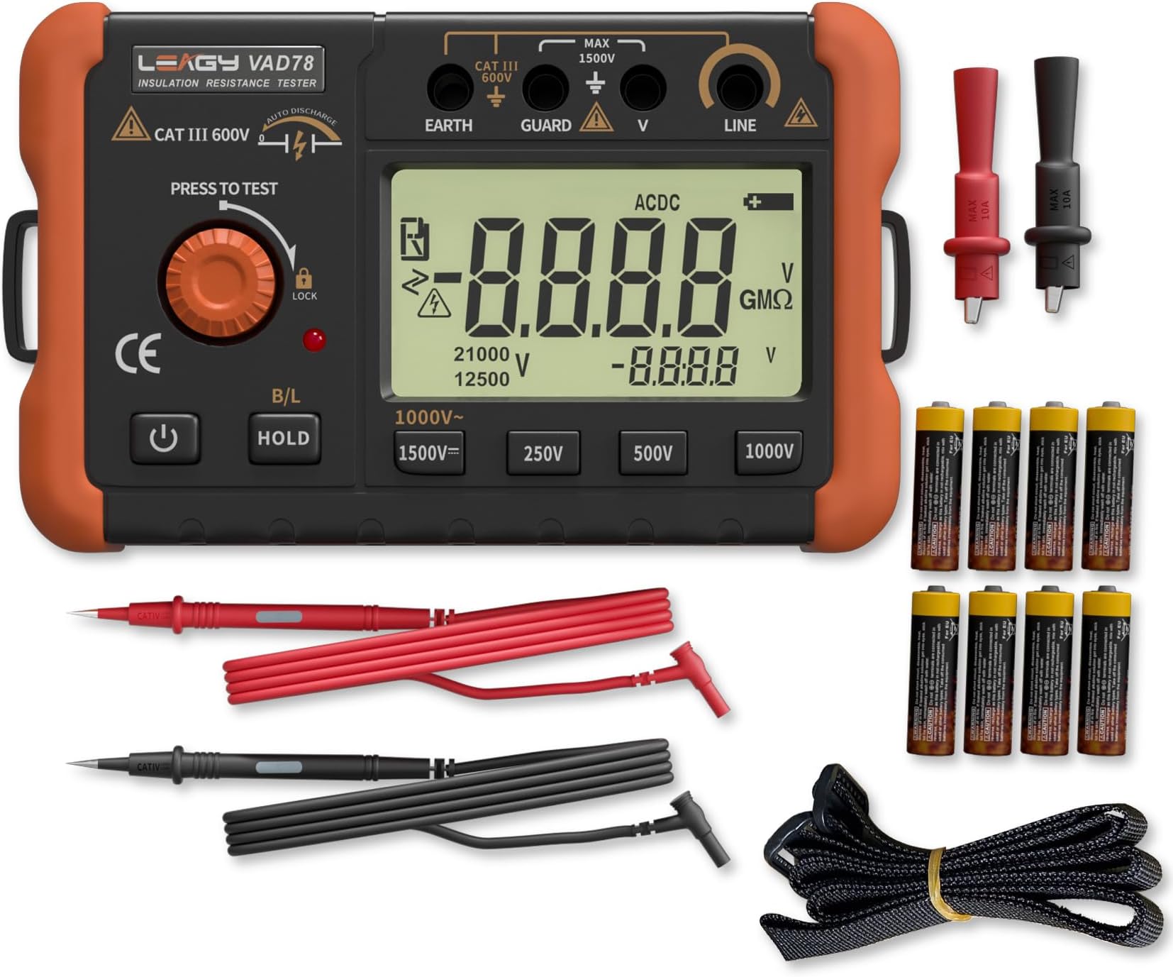 LEAGY VAD78 Digital Insulation Resistance Tester - Accurate Megohm Meter for DC/AC Voltage Testing (20-1500V, 20-750V) and Resistance Measurement (0-5000 Megohms)