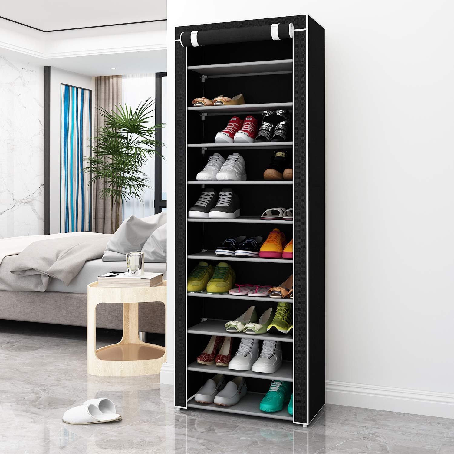 Function Home 10-Tier Shoe Rack with Dustproof Cover 30 Pair Shoe Organizer Shoe Rack Tower Zippered Storage Shoe Cabinet Ideal for Hallway Corridor (Black)