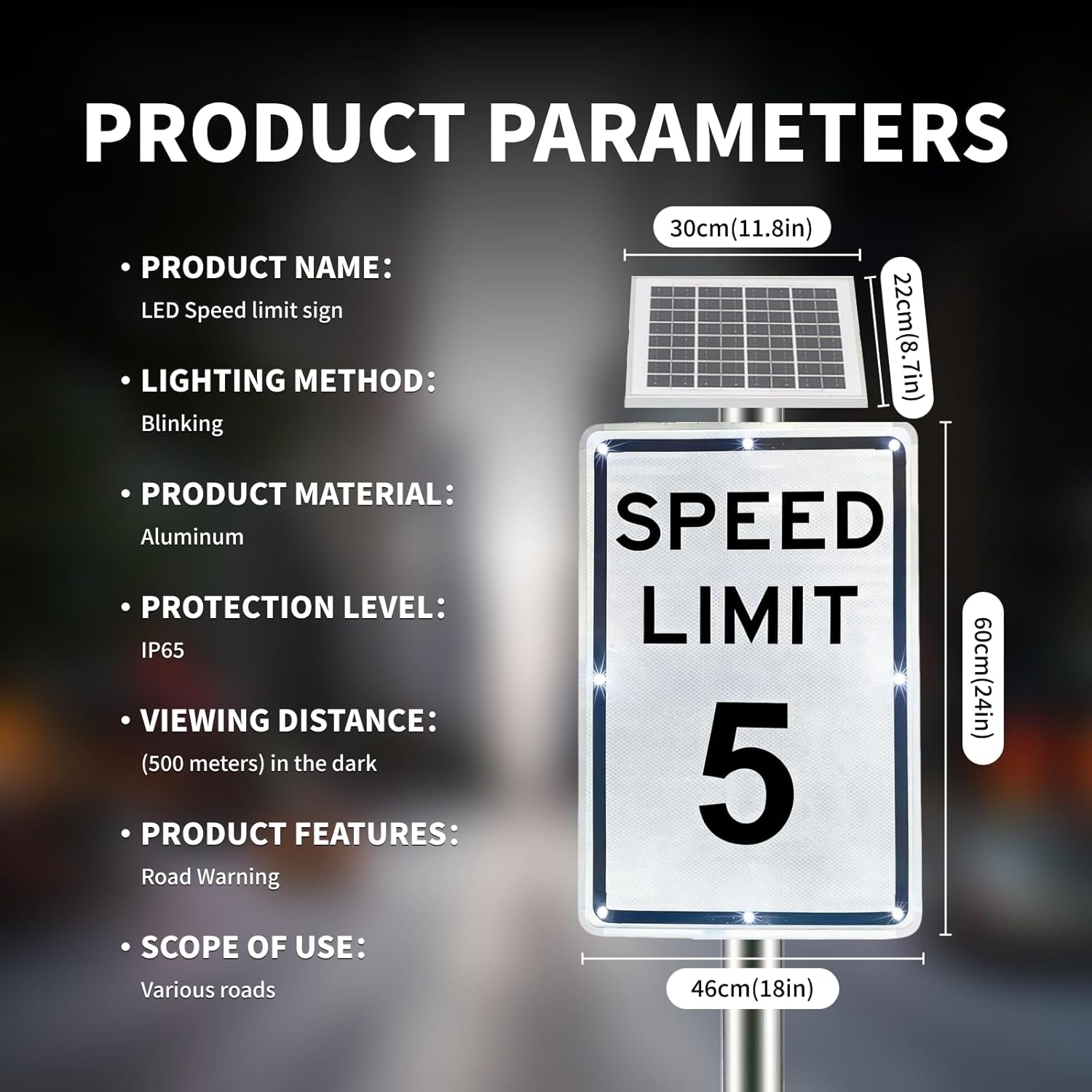 Solar-Powered LED Flashing Speed Limit Sign – Speed ​​Limit Sign 5-95 MPH, Slow Down Traffic Sign, 18x24 Size, U-Bracket Mount, Outdoor Easy to Install, for Streets or Schools 25mph