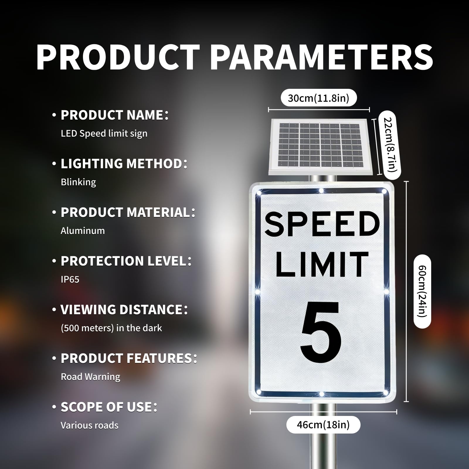 Segnale Stradale Lampeggiante a LED per Rallentare – Alimentato a Energia Solare, 45x60 cm, Cartello Solare Limite di velocità 10-95 mph, IP65, Pellicola Riflettente Grado Tecnico 95mph