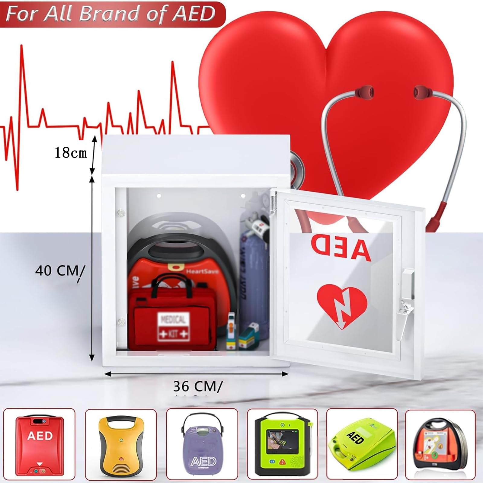 AED-Defibrillator-Schrank, AED-Defibrillator-Aufbewahrungsbox, Wandmontierter Herzdefibrillatorschrank, mit Schloss, einfach zu bedienen