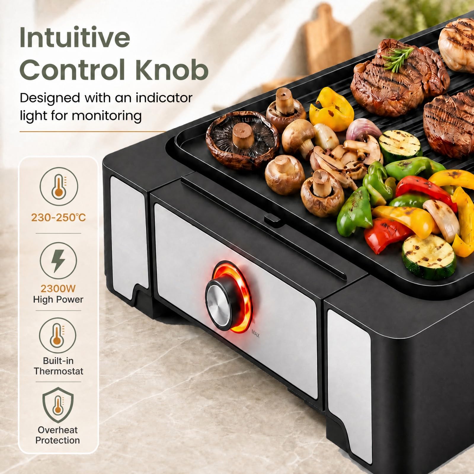 LIFEZEAL Griglia Elettrica 2300W, 2 Superfici di Cottura | Piastra Grill da Tavolo con Rivestimento Antiaderente, Pinza e Vassoio Raccogli-grasso Rimovibile, per Picnic e BBQ