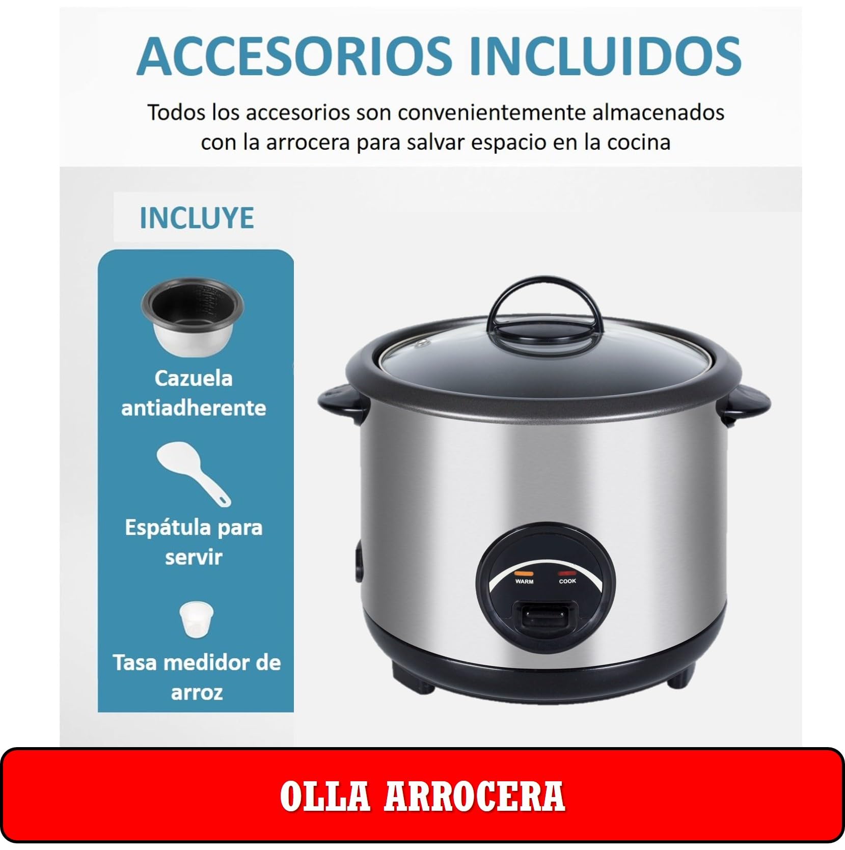 Olla Arrocera Eléctrica con Cazuela Antiadherente y Tapa de Cristal, 3 tamaños a elección Oryx. 2.2 Litro