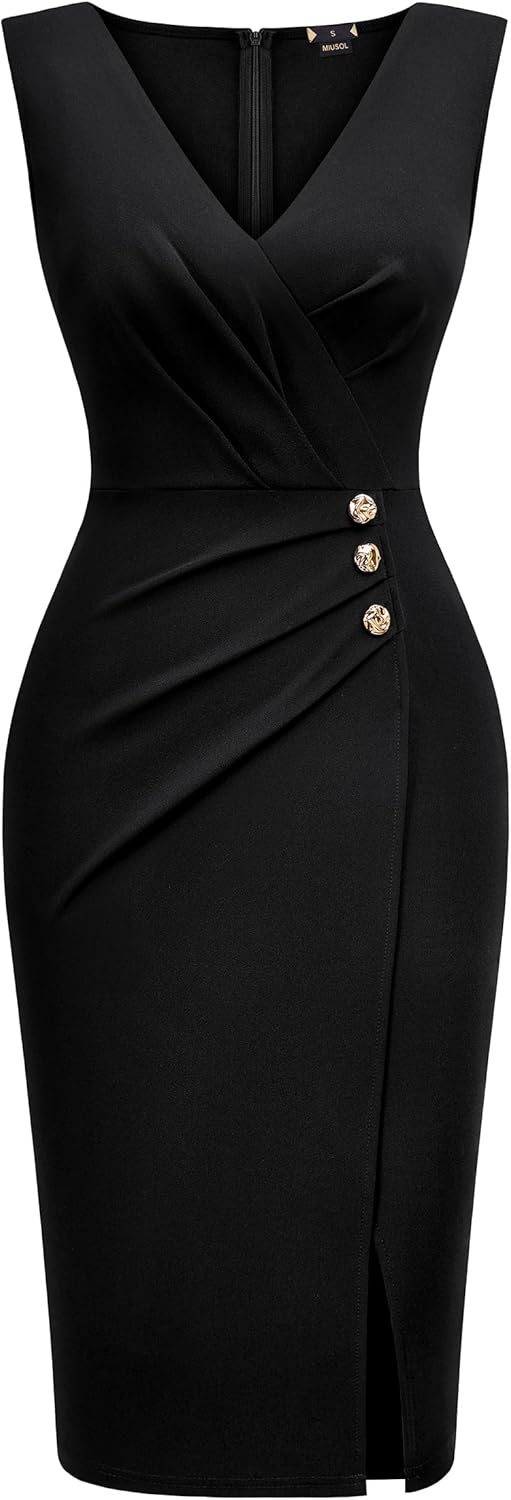 Miusol Women's Retro V Neck Sleeveless Split Style Business Ruched Work Pencil Dress