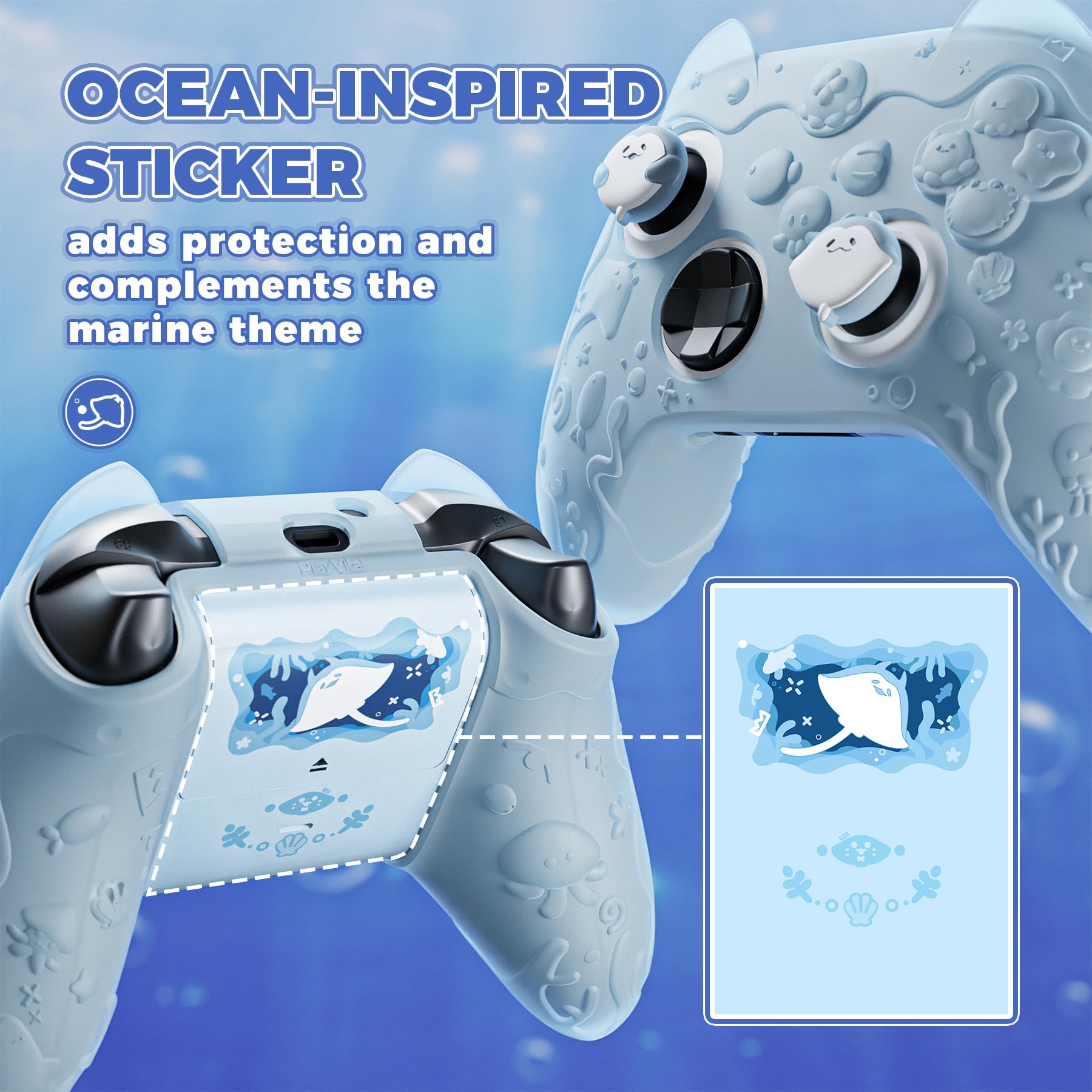 PlayVital Funda de Silicona para Xbox Series S/X Mando, Carcasa Protectora Antideslizante Semi-Transparente, Protección Completa, Incluye Thumb Grips y Sticker - Cute Ocean Whisper (Azul Menta)
