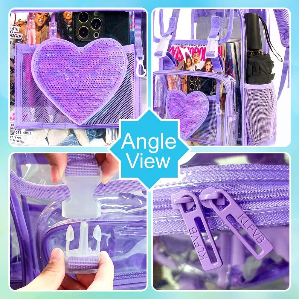 3PCS Clear Backpack, Heavy Duty Transparent Bookbag for Girls Women, Stadium Approved See Through Backpack Set (Purple Sequins) - Image 4