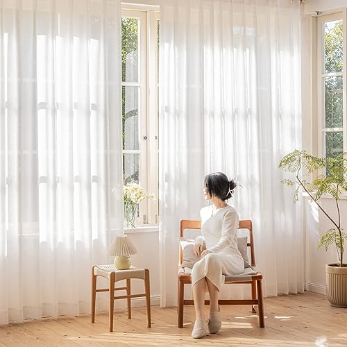 Miniatura 2 de 2 paneles de cortinas traslúcidas blancas de 102 pulgadas de largo, paneles transparentes de lino con textura para ventana, cortinas plisadas