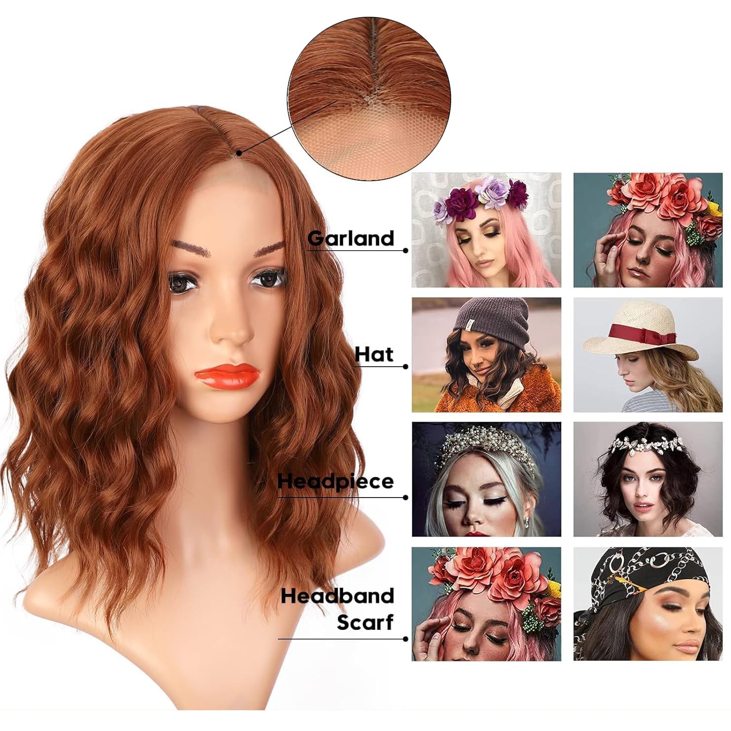 PORSMEER Auburn Brown Short Wavy Bob Wigs with Lace Middle Parting for Women Girls Natural Shoulder Length Synthetic Hair Wig Realistic Looking Wigs for Daily Party Use 14” - Image 4