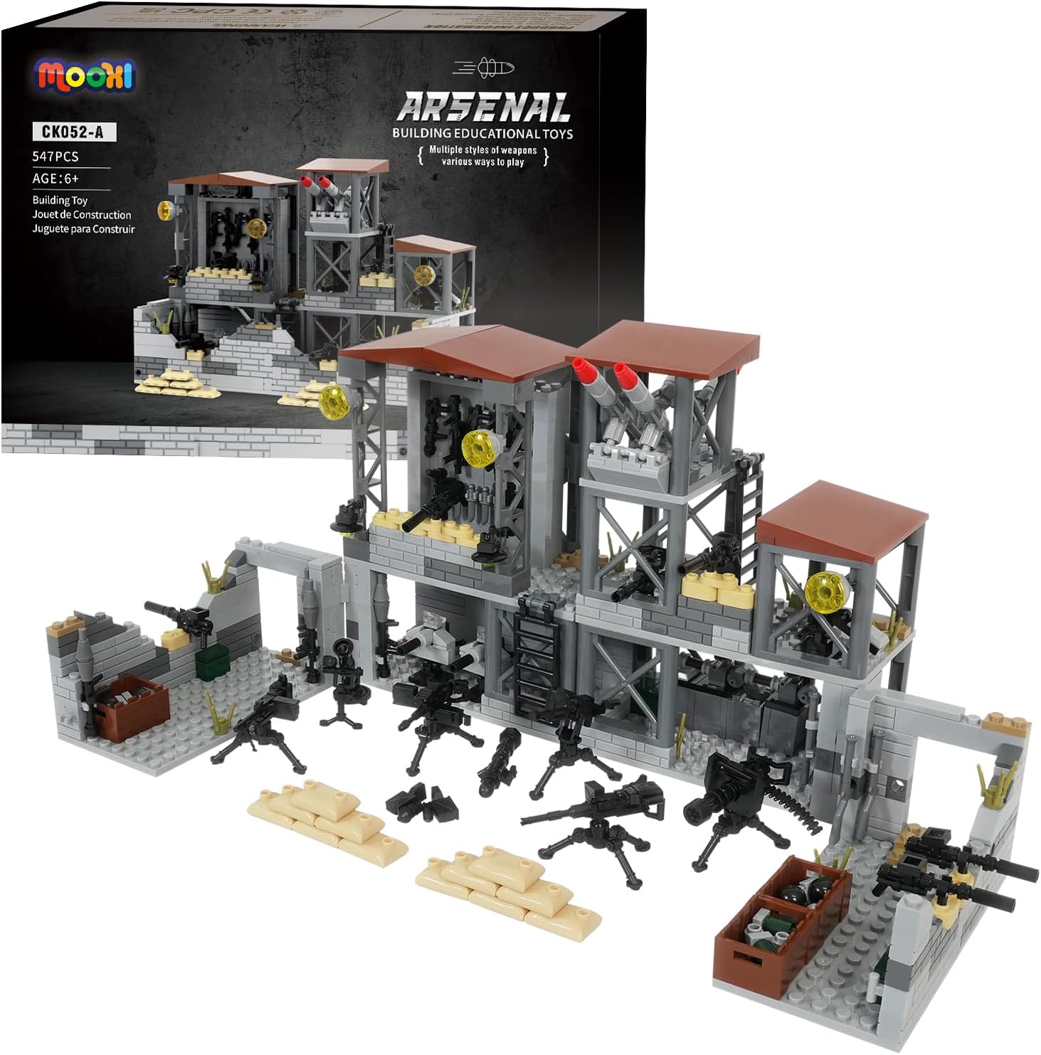 Military Base Building Block Set, 547 Pieces, WW2 Theme-Including Weapons Rooms, sandbags, searchlights, Gun emplacements and Light Weapons,Toy for Kids.