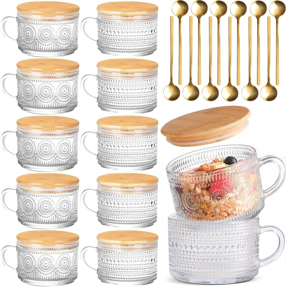 Vintage Glass Coffee Mugs Set of 12, Overnight Oats Cups with Spoons and Bamboo Lids, 14oz Clear Embossed Tea Cups Bamboo Tea Cups, Ideal Coffee Bar Accessories Hosewarming Gifts for Women