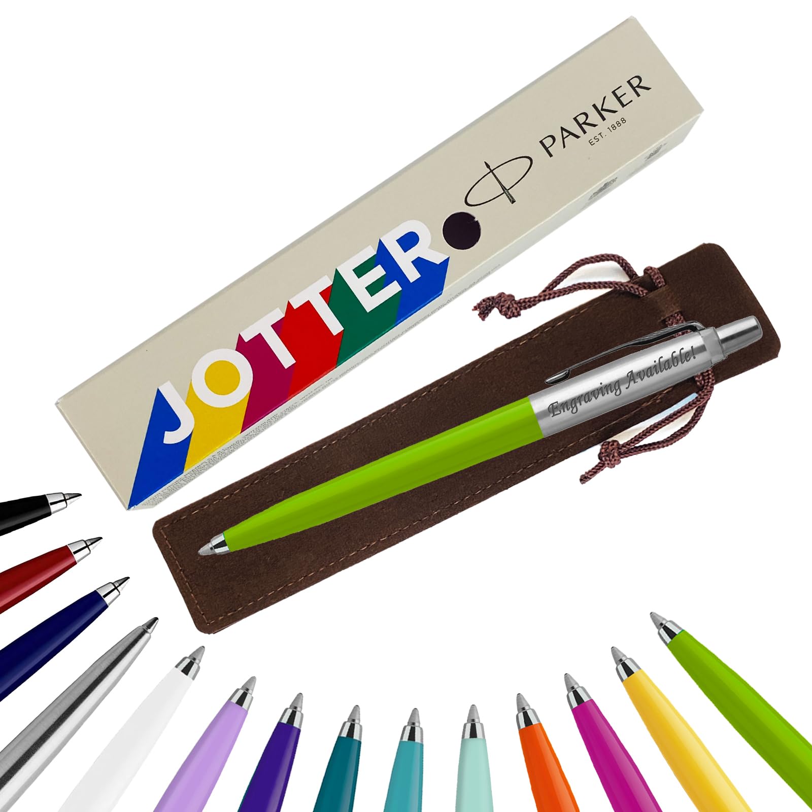 Parker Jotter Ballpoint Pen Handwriting Pens & Stationery Supplies - Ideal for Birthdays/Anniversarys Can be Engraved! (With Engraving, Apple Green, Carded Gift Box (Eco-Friendly))