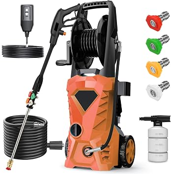 5000PSI Electric Pressure Washer - 2026 New Power Washer with Upgraded 23ft Pressure Washer Hose Reel, Foam Cannon, 4 Nozzle Set, GFCI Plug, Power Washer for House/Patios/Car/Fence, Orange