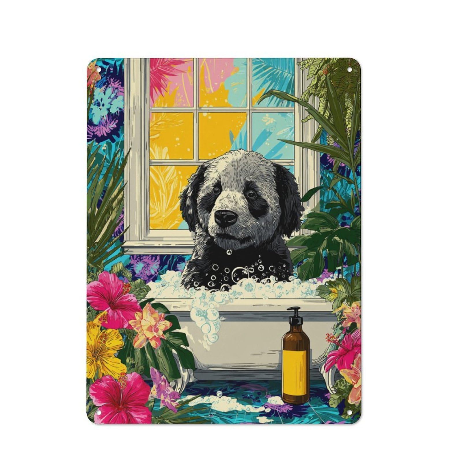 Junmoney Panda-Inspired Pet Bath Time Classic Metal Wall Decor 40X30cm, Decorative Metal Sign For Workspace, Cafe, Shop Or Desk Area