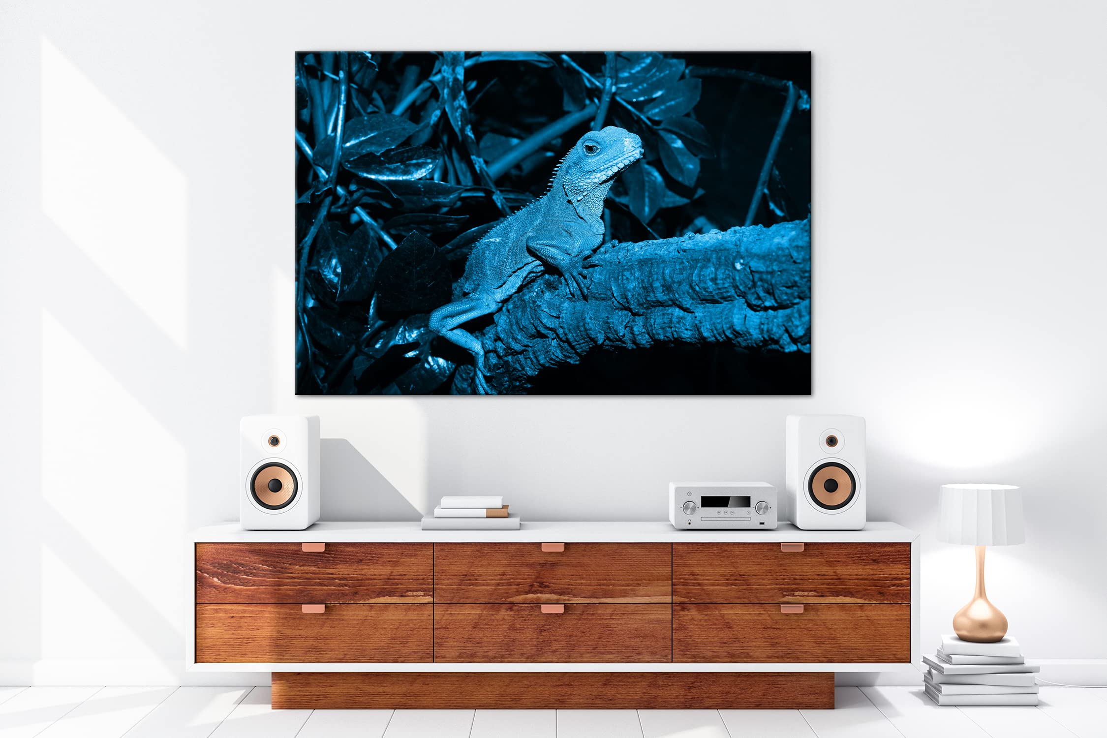 deyoli grüne Echse im Terrarium Format 120x80 Effekt: Monocrome Blau als Leinwandbild, Motiv fertig gerahmt auf Echtholzrahmen, Hochwertiger Digitaldruck mit Rahmen