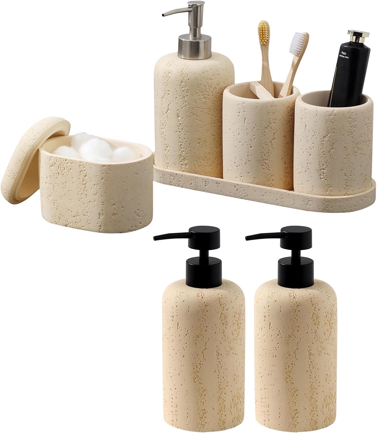 Bathroom Accessories Set, 7PCS Modern Bathroom Accessory Set with 3 pcs Soap Dispenser, Mouthwash Cup & Toothbrush Holder, Qtip Holder, Tray