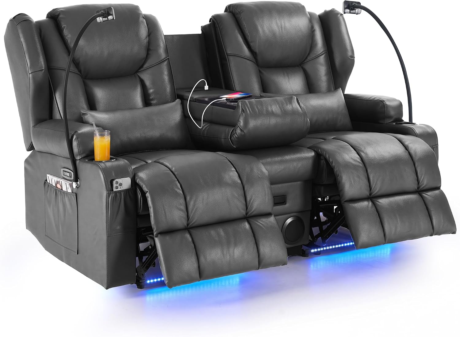 Redlife Power Loveseat Recliner Sofa with Console, Blue LED Lights