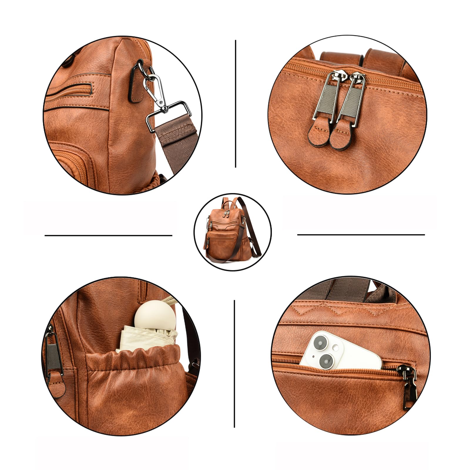 Bolsos Mochila Mujer Impermeable Cuero Bolsos bandolera Bolso Casual Viaje Mochilas Marrón