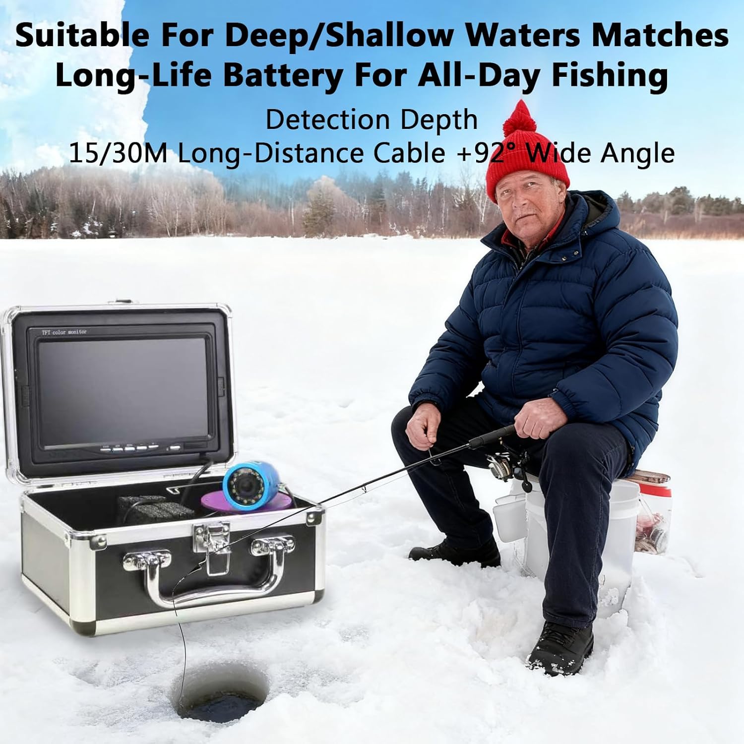 Underwater Fishing Camera, 7 Inch LCD Screen 1000TVL Fish Finder with 12 White and 12 IR LEDs, 15/30m Cable 10000mAh Battery for Ice Kayak Boat Fishing