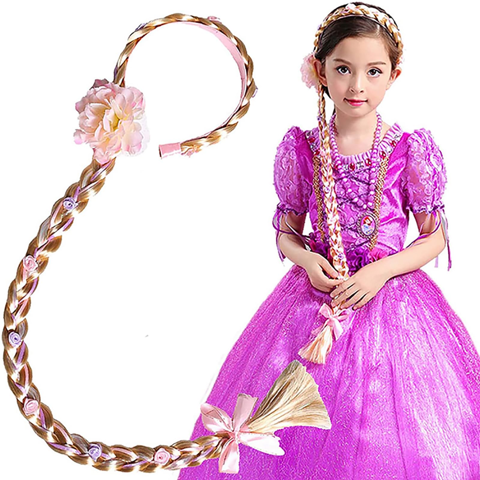 Rayyan Tangled with Long Haur,Long Hair Princess Hairpiece,Rapunzel Wig,Long 29" Cosplay Braided Wigs for Girls Princess Dress up Accessories for Girls Age 4-7(Rapunzel Headband)