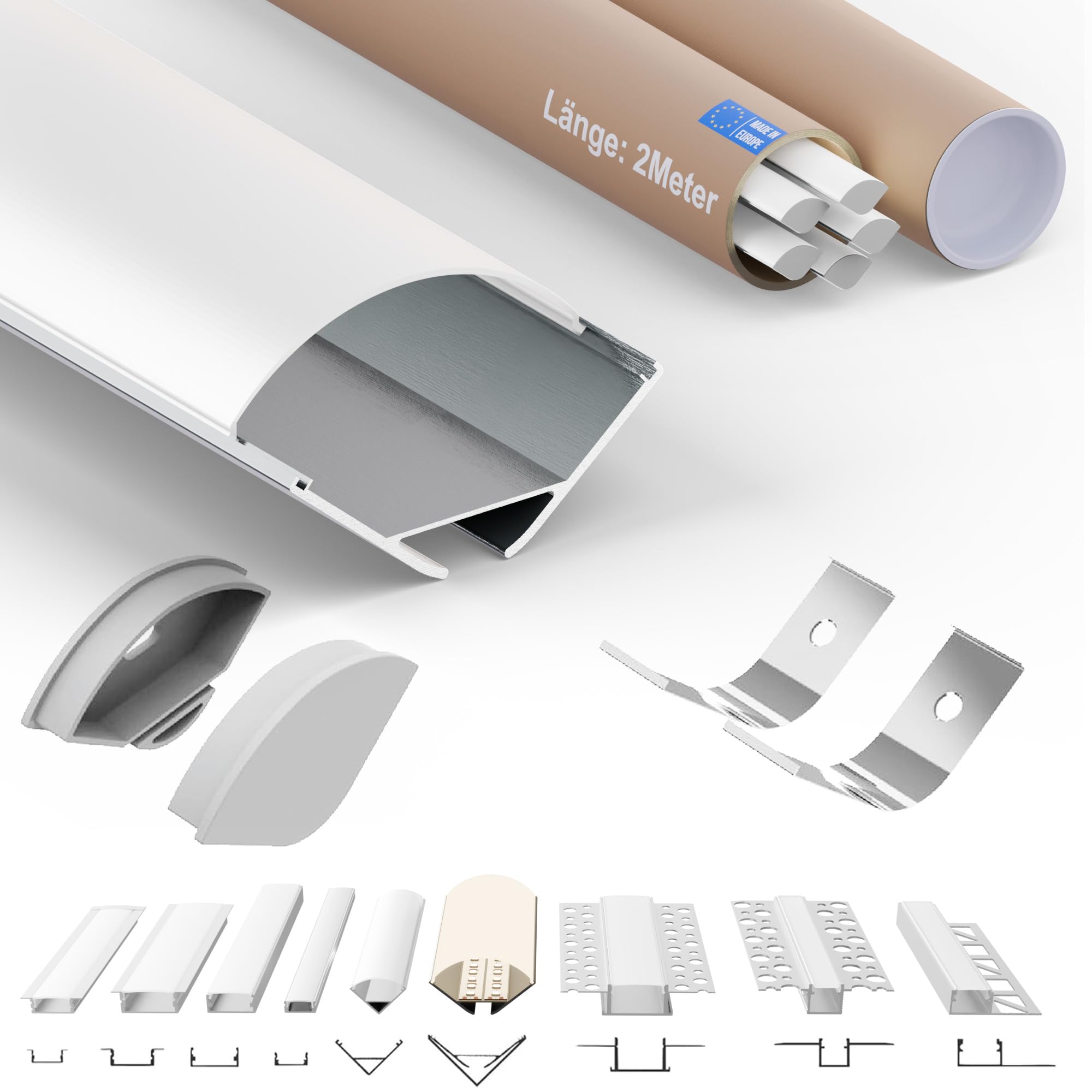 TIVENDIS Led Alu Profil 2 m ER20 Komplett Set für Strip/Streifen bis 20 mm breit | Abdeckung satiniert milchig, Endkappen, Befestigungclips | L-Form Winkel Ecke Winkelprofil 9er SET