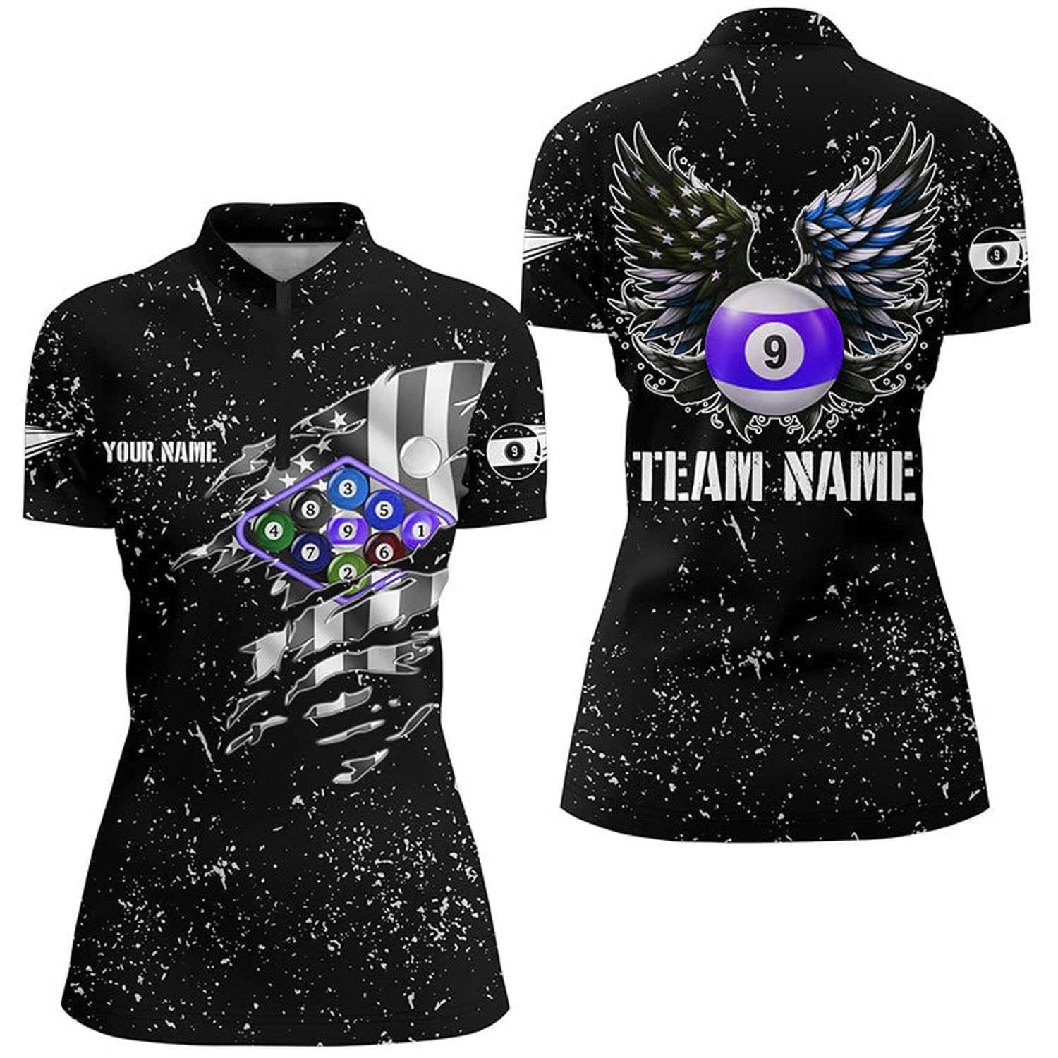 Personalized US Flag Billiard Balls 3D Quarter Zip Shirts for Women Custom 9 Ball Pool Wings Jerseys V1009