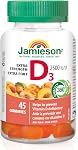 Jamieson Vitamine D3 2 500 UI Gummies saveur pêche juteuse, aide à prévenir la carence en vitamine D et l'ostéoporose, soutient la santé immunitaire, des os solides et des dents. Végétarien, sans saveurs, couleurs ou conservateurs artificiels, 45 unités, fier d'être canadien