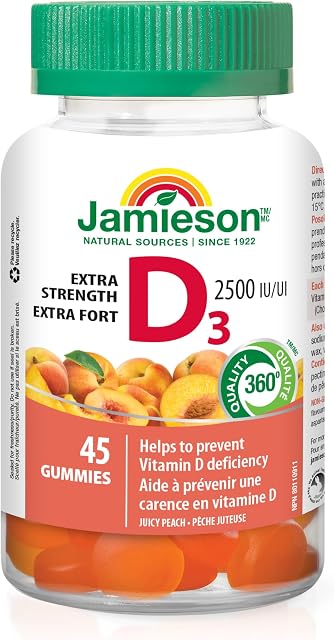 Jamieson Vitamine D3 2 500 UI Gummies saveur pêche juteuse, aide à prévenir la carence en vitamine D et l'ostéoporose, soutient la santé immunitaire, des os solides et des dents. Végétarien, sans saveurs, couleurs ou conservateurs artificiels, 45 unités, fier d'être canadien