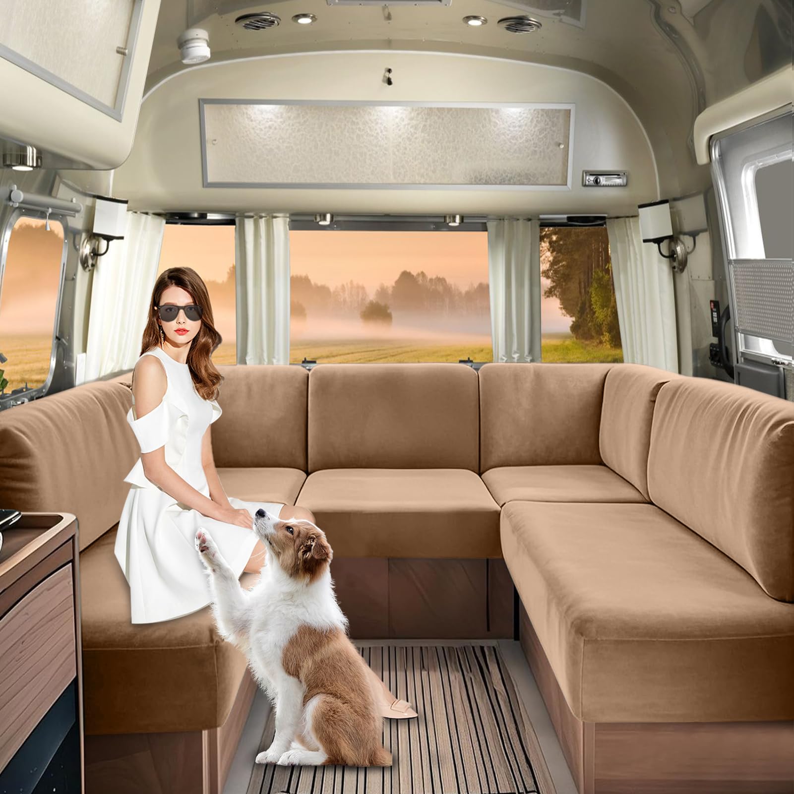 SHUOJIA Caravan Seat Covers Velvet, Motorhome Seat Cover with Elastic-band and Lacing, RV Sofa Cushion Cover for camper Washable（Camel-W160-220 cm,D65-95 cm）