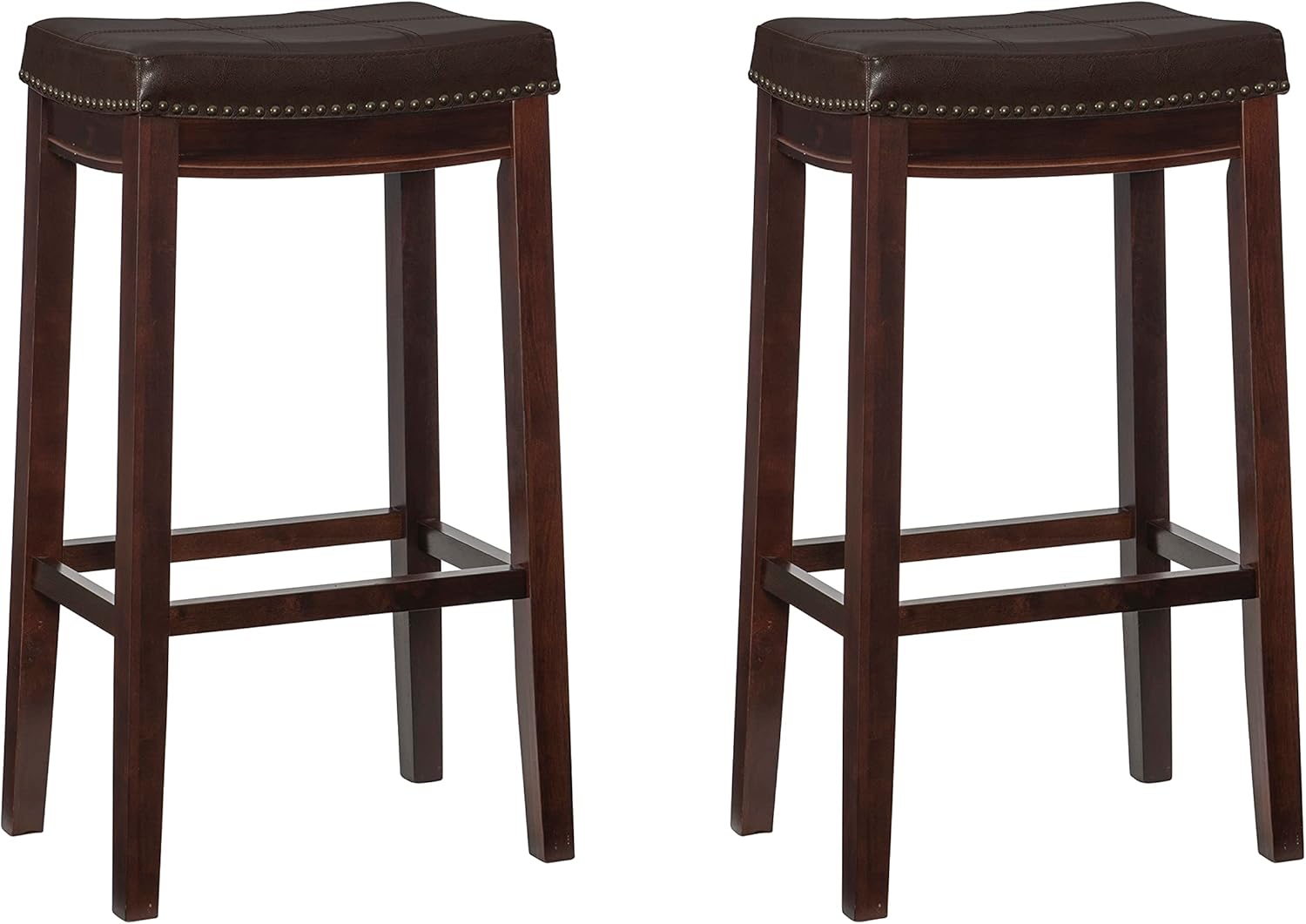 Linon Kingston Brown Wooden Backless 32 Inch Seat Height Barstool with Brown Faux Leather Upholstered Seat and Nailheads, Set of 2